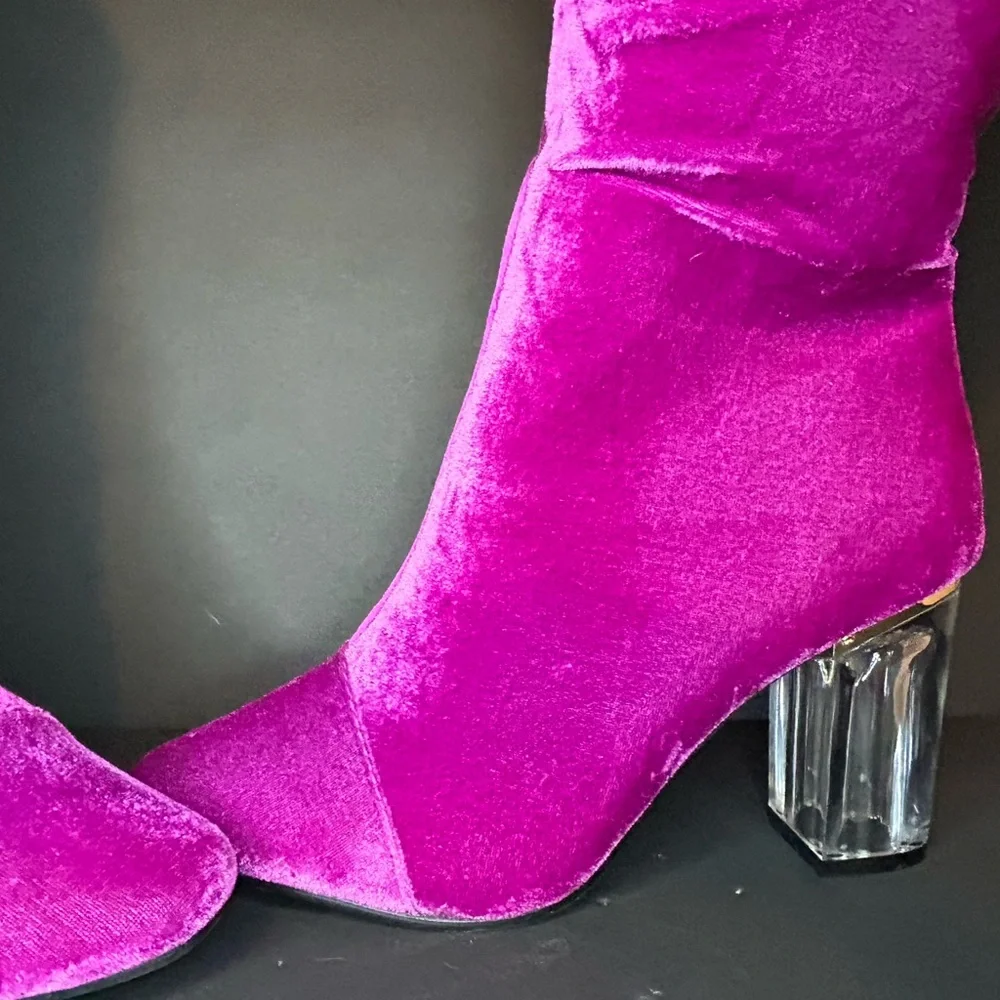 New Wide Calf Size 8W Pink Magenta Velvet With Clear Chunky Heel Boots - Picture 4 of 16